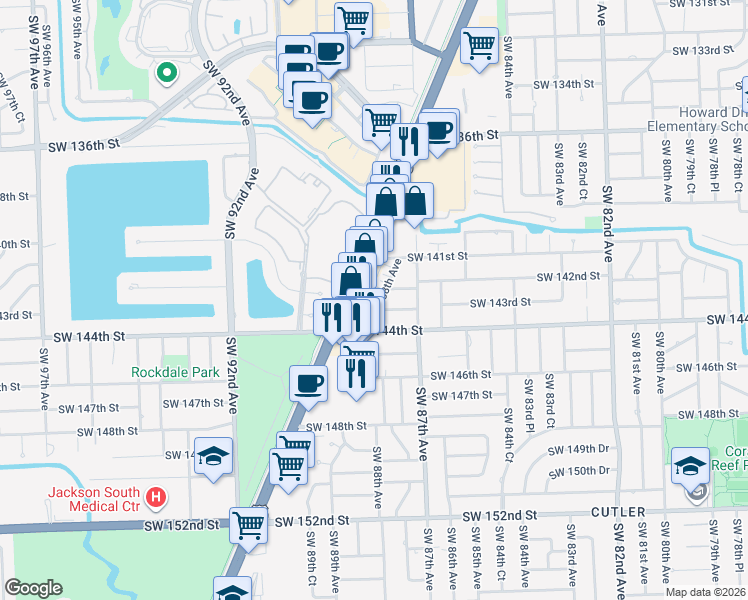 map of restaurants, bars, coffee shops, grocery stores, and more near 14200 Southwest 88th Avenue in Palmetto Bay