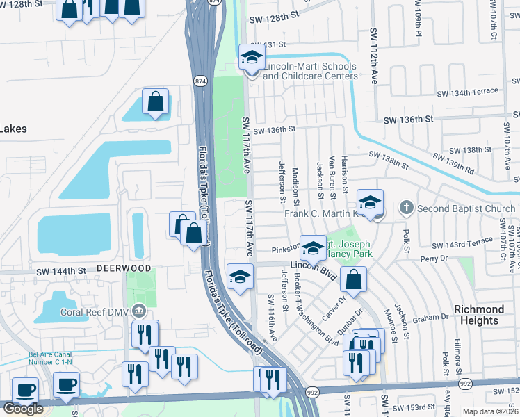 map of restaurants, bars, coffee shops, grocery stores, and more near 11610 Southwest 140th Terrace in Miami