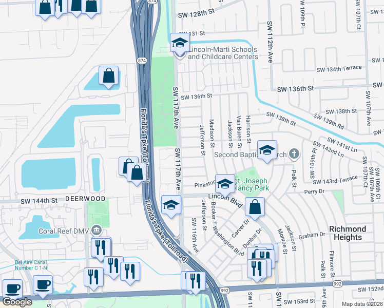 map of restaurants, bars, coffee shops, grocery stores, and more near 11610 Southwest 140th Terrace in Miami