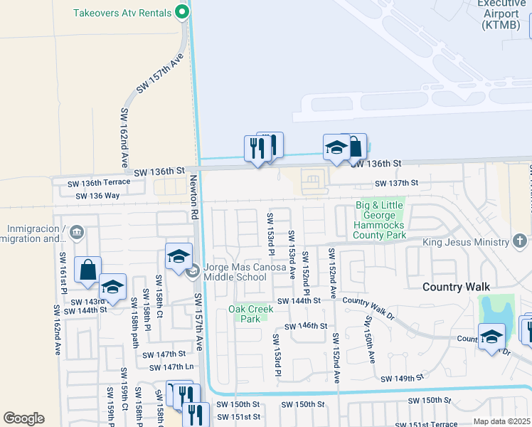 map of restaurants, bars, coffee shops, grocery stores, and more near 13820 Southwest 153rd Place in Miami