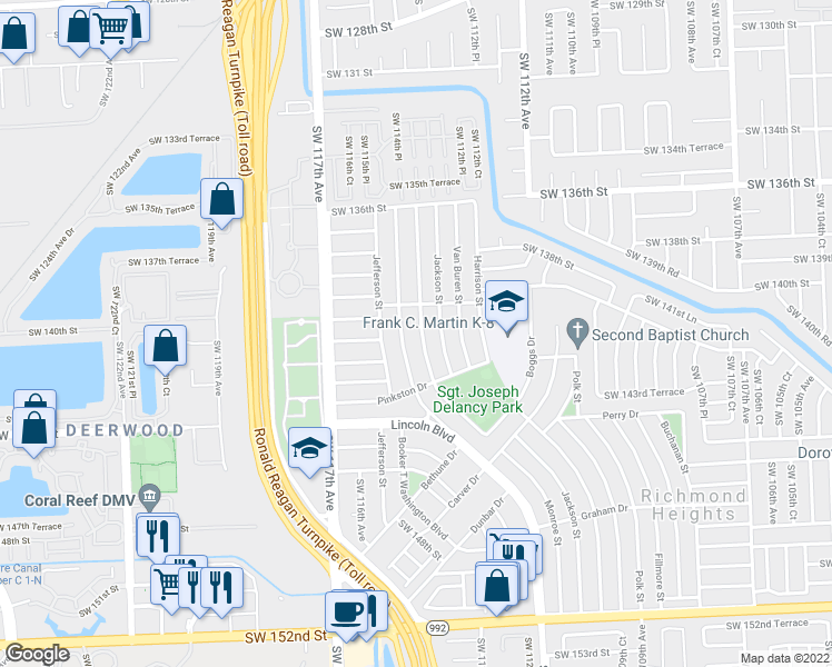 map of restaurants, bars, coffee shops, grocery stores, and more near 14035 Monroe Street in Miami