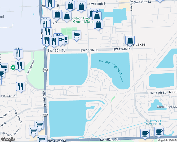 map of restaurants, bars, coffee shops, grocery stores, and more near 14008 Southwest 132nd Avenue in Miami