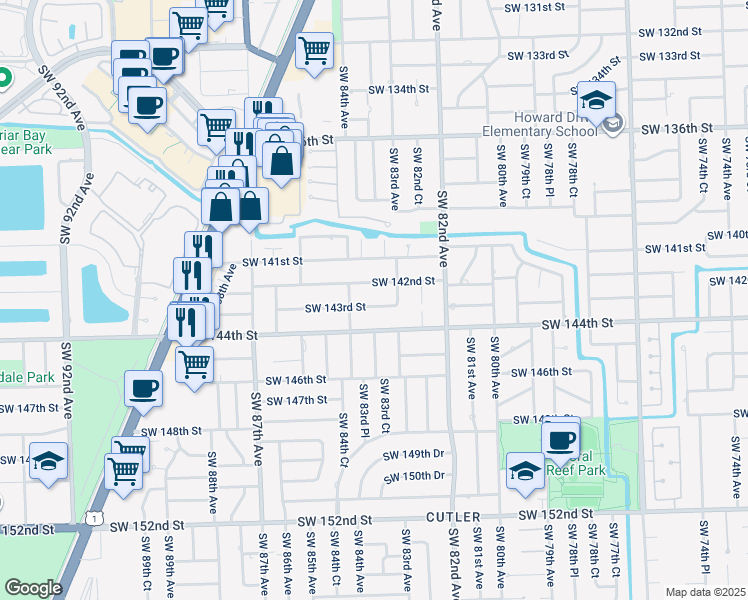 map of restaurants, bars, coffee shops, grocery stores, and more near 8380 Southwest 142nd Street in Palmetto Bay