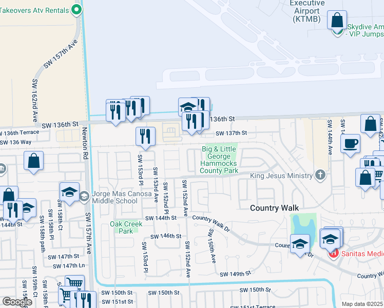 map of restaurants, bars, coffee shops, grocery stores, and more near 13843 Southwest 151st Court in Miami