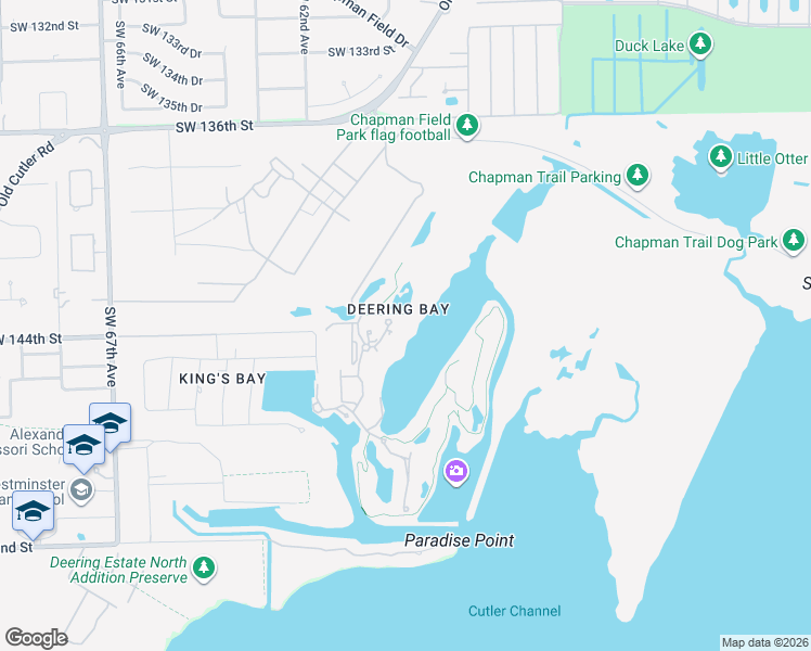 map of restaurants, bars, coffee shops, grocery stores, and more near 13611 Deering Bay Drive in Miami