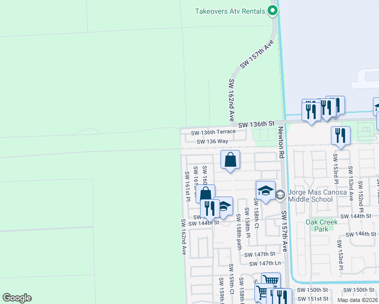 map of restaurants, bars, coffee shops, grocery stores, and more near 16151 Southwest 138th Terrace in Miami