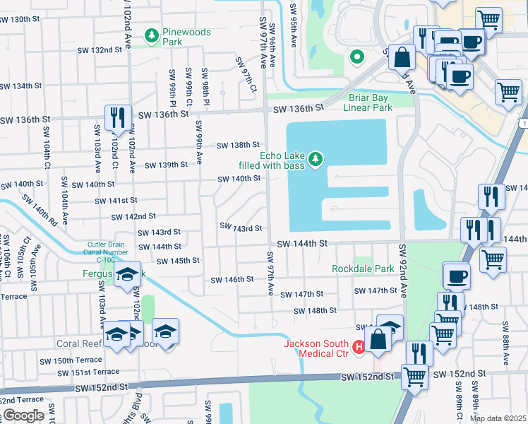 map of restaurants, bars, coffee shops, grocery stores, and more near 14250 Southwest 97th Avenue in Miami