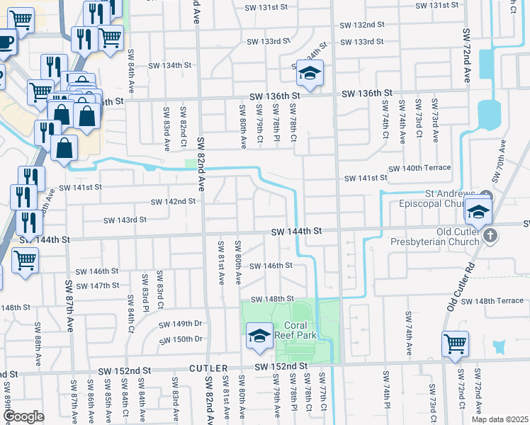 map of restaurants, bars, coffee shops, grocery stores, and more near 7921 Southwest 143rd Street in Palmetto Bay