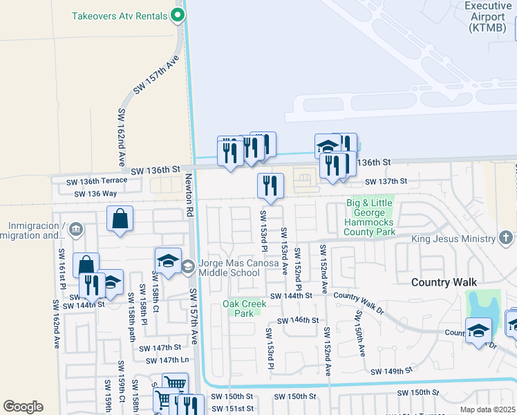 map of restaurants, bars, coffee shops, grocery stores, and more near 13820 Southwest 153rd Place in Miami