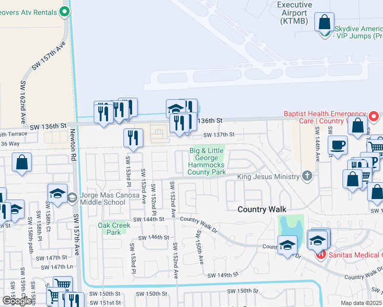 map of restaurants, bars, coffee shops, grocery stores, and more near 13855 Southwest 150th Court in Miami
