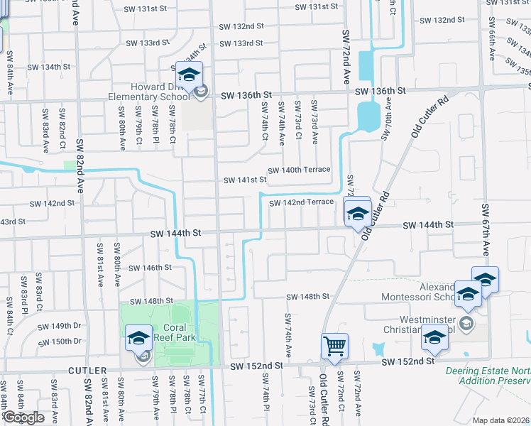 map of restaurants, bars, coffee shops, grocery stores, and more near 14270 Southwest 74th Court in Palmetto Bay