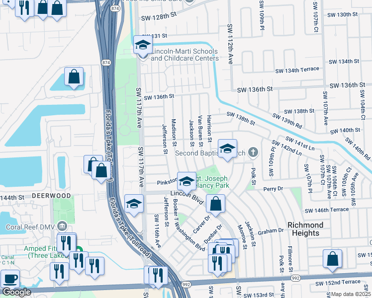 map of restaurants, bars, coffee shops, grocery stores, and more near 14035 Monroe Street in Miami