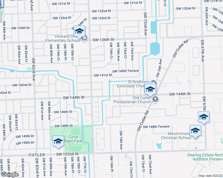 map of restaurants, bars, coffee shops, grocery stores, and more near 14270 Southwest 74th Court in Palmetto Bay