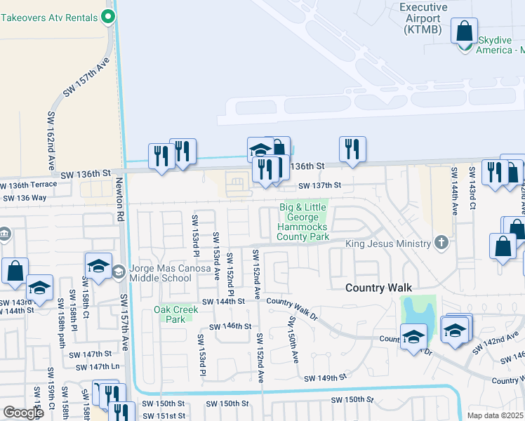 map of restaurants, bars, coffee shops, grocery stores, and more near 13843 Southwest 151st Court in Miami