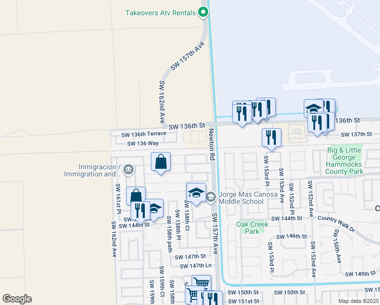 map of restaurants, bars, coffee shops, grocery stores, and more near 15789 Southwest 138th Terrace in Miami