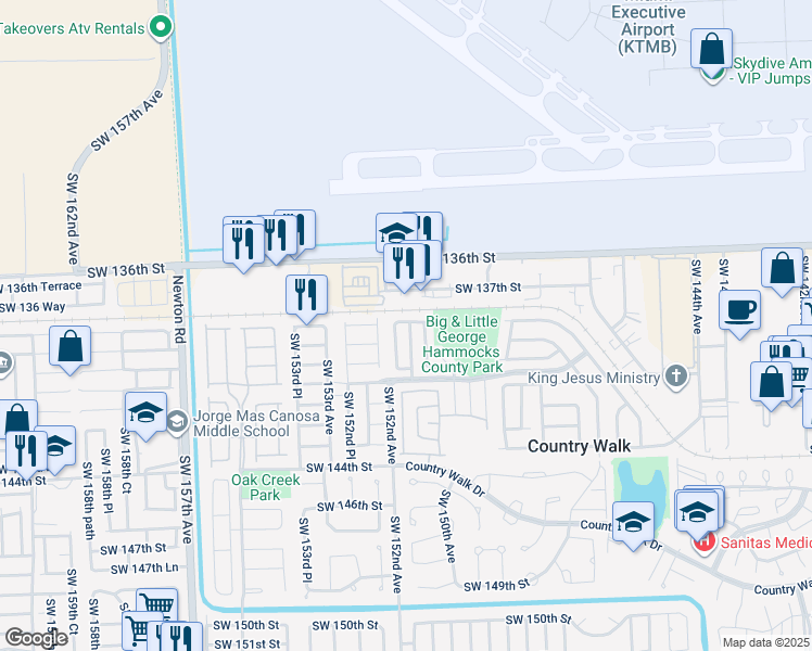 map of restaurants, bars, coffee shops, grocery stores, and more near 11850 Southwest 151st Avenue in Miami