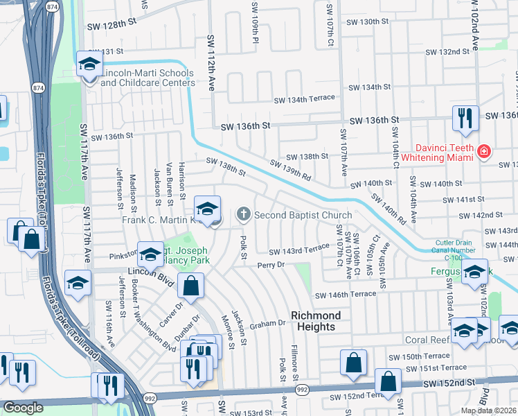map of restaurants, bars, coffee shops, grocery stores, and more near 14114 Southwest 109th Place in Miami