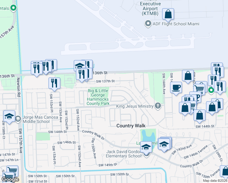 map of restaurants, bars, coffee shops, grocery stores, and more near 14860 Southwest 138th Terrace in Miami