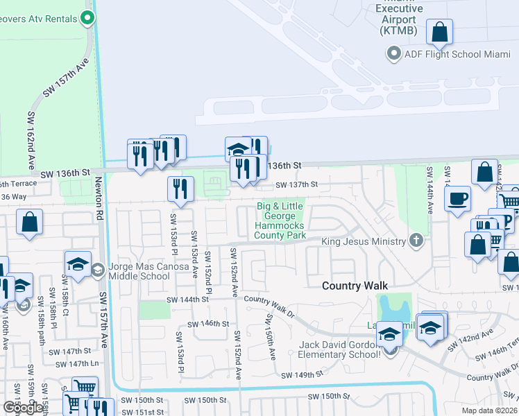map of restaurants, bars, coffee shops, grocery stores, and more near 13843 Southwest 150th Court in Miami