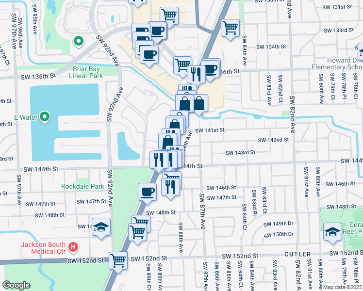 map of restaurants, bars, coffee shops, grocery stores, and more near 14200 Southwest 88th Avenue in Palmetto Bay