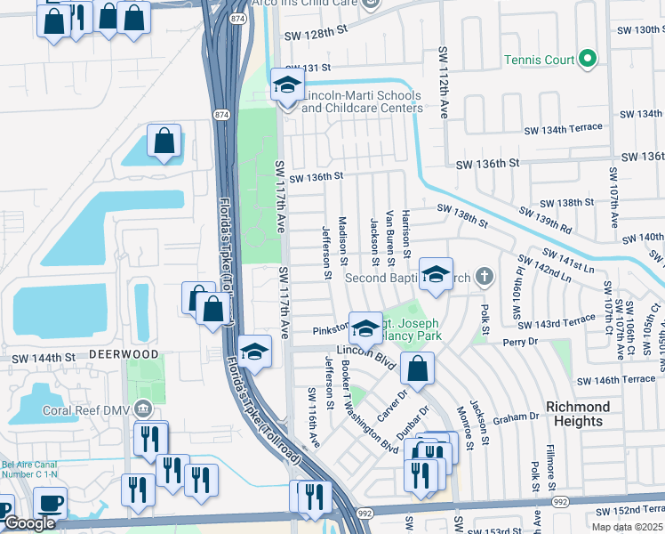 map of restaurants, bars, coffee shops, grocery stores, and more near 14015 Jefferson Street in Miami
