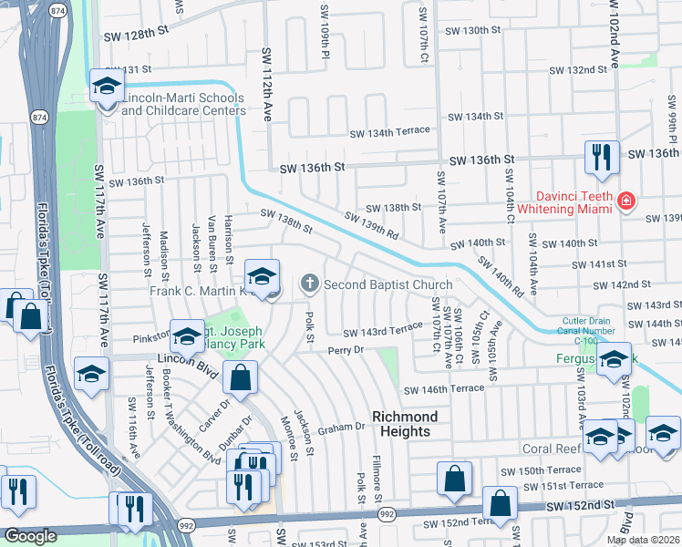 map of restaurants, bars, coffee shops, grocery stores, and more near 14114 SW 109th Pl in Miami