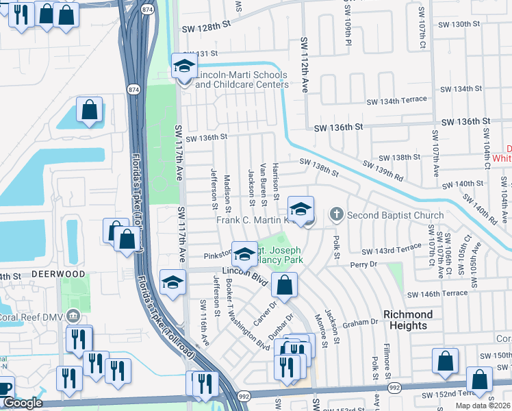 map of restaurants, bars, coffee shops, grocery stores, and more near 14035 Van Buren Street in Miami