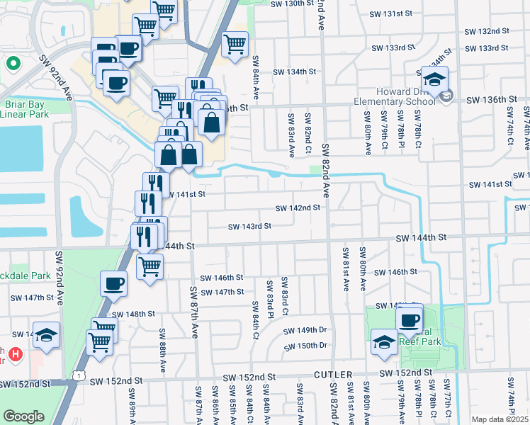 map of restaurants, bars, coffee shops, grocery stores, and more near 8380 Southwest 142nd Street in Palmetto Bay