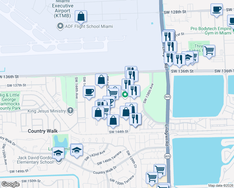 map of restaurants, bars, coffee shops, grocery stores, and more near 13949 Southwest 140th Street in Miami
