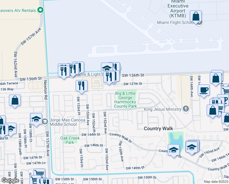 map of restaurants, bars, coffee shops, grocery stores, and more near 13855 Southwest 150th Court in Miami