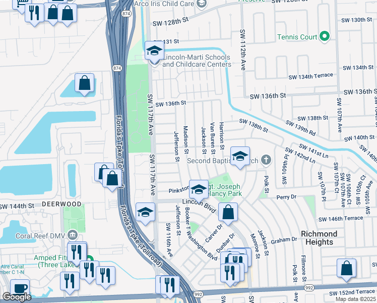 map of restaurants, bars, coffee shops, grocery stores, and more near 14035 Monroe Street in Miami