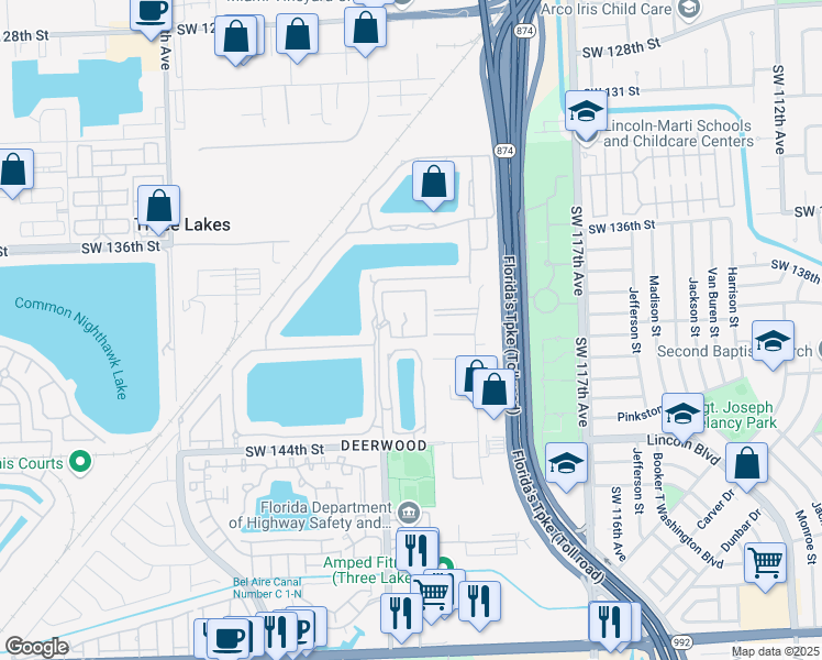 map of restaurants, bars, coffee shops, grocery stores, and more near 13981 Southwest 122nd Avenue in Miami