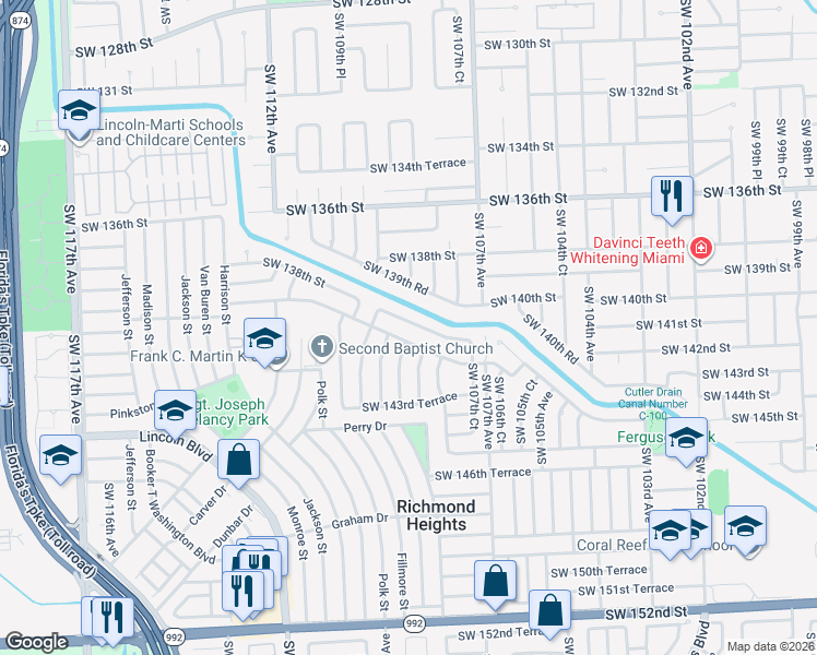 map of restaurants, bars, coffee shops, grocery stores, and more near 10905 Southwest 142nd Lane in Miami