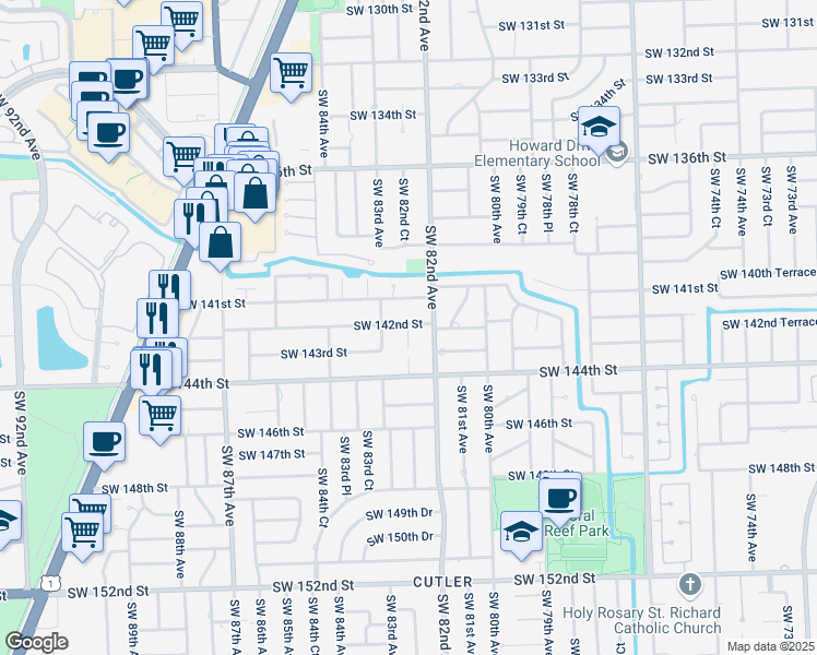 map of restaurants, bars, coffee shops, grocery stores, and more near 14224 Southwest 82nd Court in Palmetto Bay