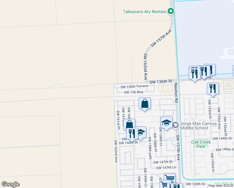 map of restaurants, bars, coffee shops, grocery stores, and more near 16151 Southwest 138th Terrace in Miami