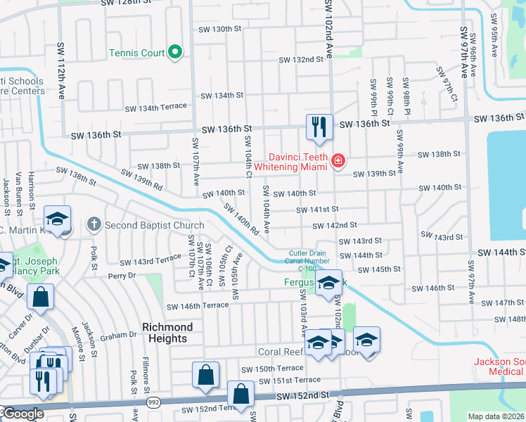 map of restaurants, bars, coffee shops, grocery stores, and more near 14060 Southwest 104th Avenue in Miami