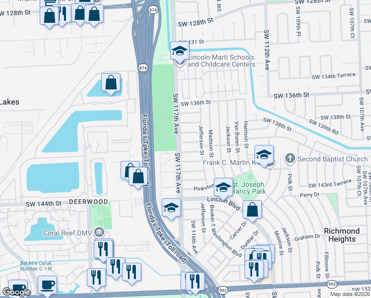 map of restaurants, bars, coffee shops, grocery stores, and more near 11610 Southwest 140th Terrace in Miami