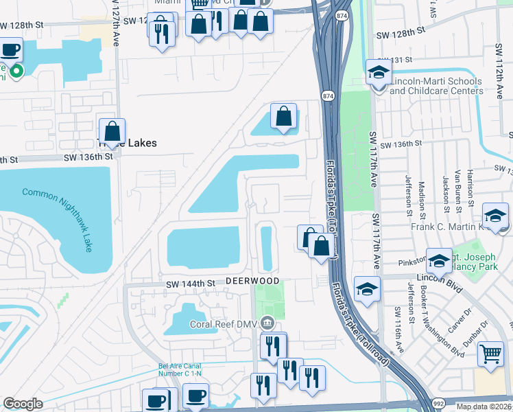 map of restaurants, bars, coffee shops, grocery stores, and more near 13988 Southwest 122nd Court in Miami