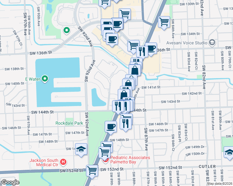 map of restaurants, bars, coffee shops, grocery stores, and more near 8941 Southwest 140th Street in Palmetto Bay