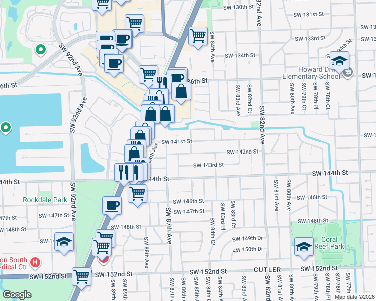 map of restaurants, bars, coffee shops, grocery stores, and more near 8520 Southwest 142nd Street in Palmetto Bay