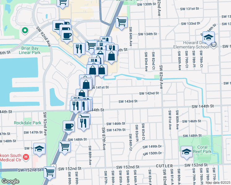 map of restaurants, bars, coffee shops, grocery stores, and more near 8520 Southwest 142nd Street in Palmetto Bay