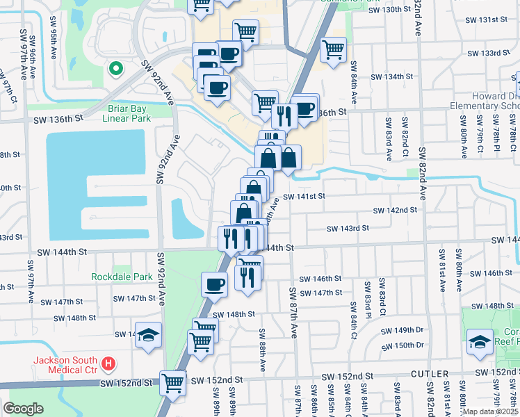 map of restaurants, bars, coffee shops, grocery stores, and more near 14200 Southwest 88th Avenue in Palmetto Bay
