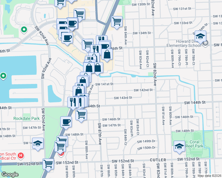 map of restaurants, bars, coffee shops, grocery stores, and more near 8520 Southwest 142nd Street in Palmetto Bay
