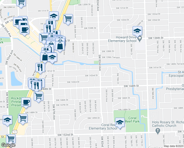 map of restaurants, bars, coffee shops, grocery stores, and more near 14225 Southwest 82nd Court in Palmetto Bay