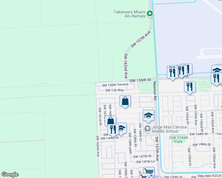 map of restaurants, bars, coffee shops, grocery stores, and more near 16005 Southwest 136th Terrace in Miami