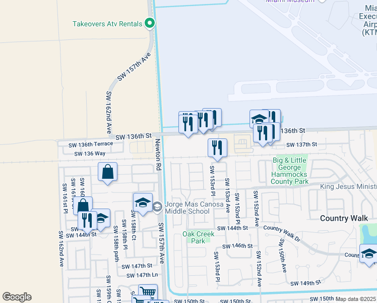 map of restaurants, bars, coffee shops, grocery stores, and more near 15540 Southwest 136th Street in Miami