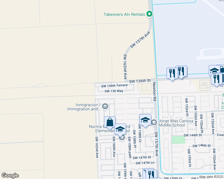 map of restaurants, bars, coffee shops, grocery stores, and more near 16001 Southwest 136 Way in Miami