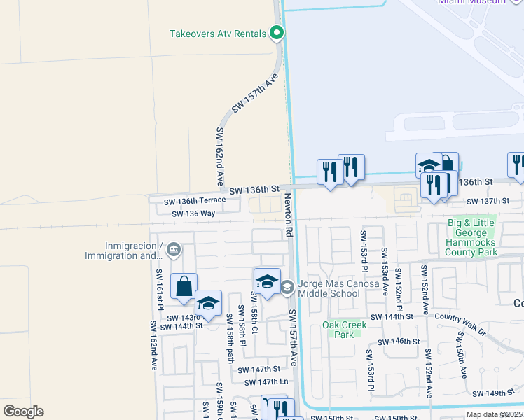 map of restaurants, bars, coffee shops, grocery stores, and more near 14508 Southwest 158th Path in Miami