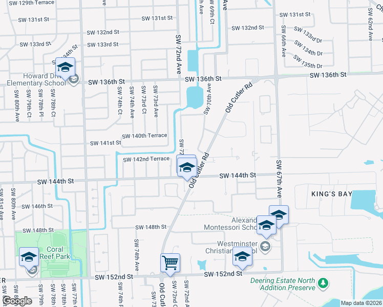 map of restaurants, bars, coffee shops, grocery stores, and more near 14050 Southwest 70th Avenue in Palmetto Bay
