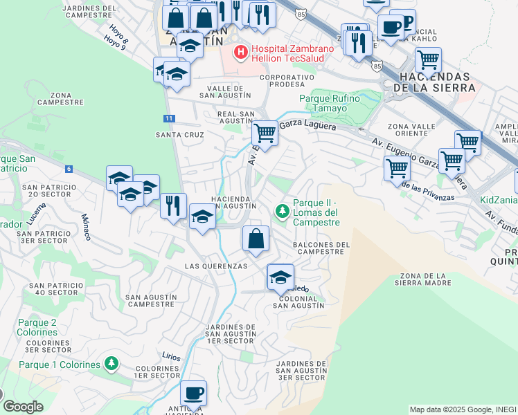 map of restaurants, bars, coffee shops, grocery stores, and more near in San Pedro Garza García